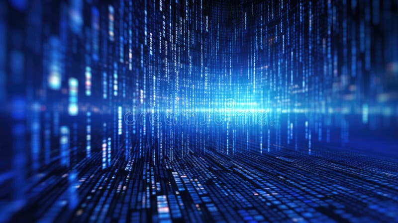 Abstract digital technology, Blue digital binary data on computer screen background. Generative Ai.