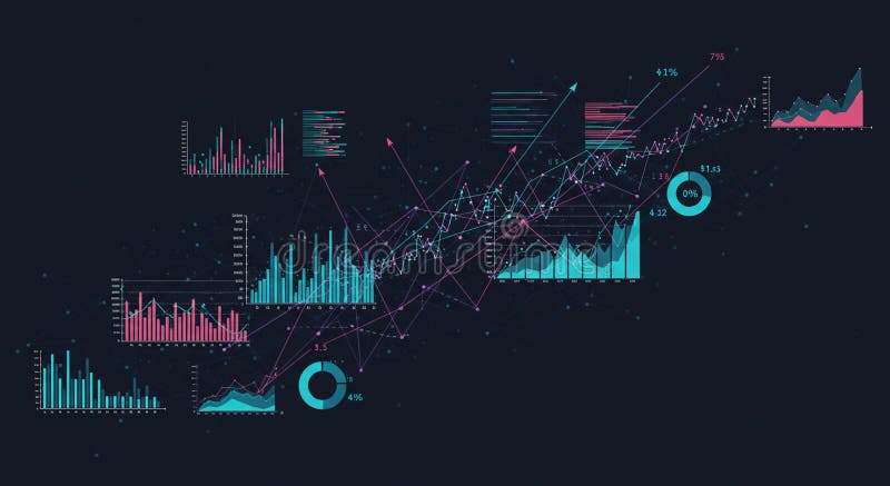 Abstract digital visualization of data analytics, featuring a mix of colorful charts and royalty free illustration