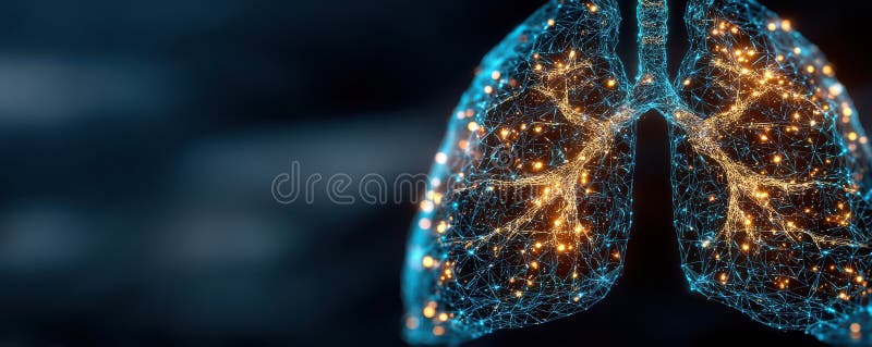 A mesmerizing digital representation of human lungs with glowing light patterns and neural networks, symbolizing science, technology, and health innovation. This abstract image highlights advancements in medical and artificial intelligence fields, providing a futuristic outlook on research and diagnostics. Artificial intelligence lungs stock images, royalty-free photos and pictures