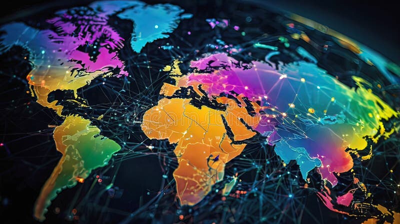 Abstract digital world map, global network and communication concept, data transfer and cyber technology stock illustration