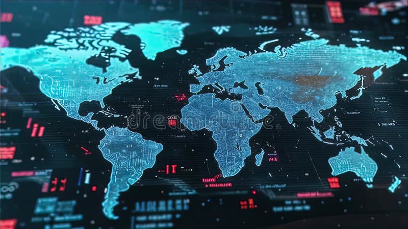 Abstract digital world map, global network and communication concept, data transfer and cyber technology stock illustration