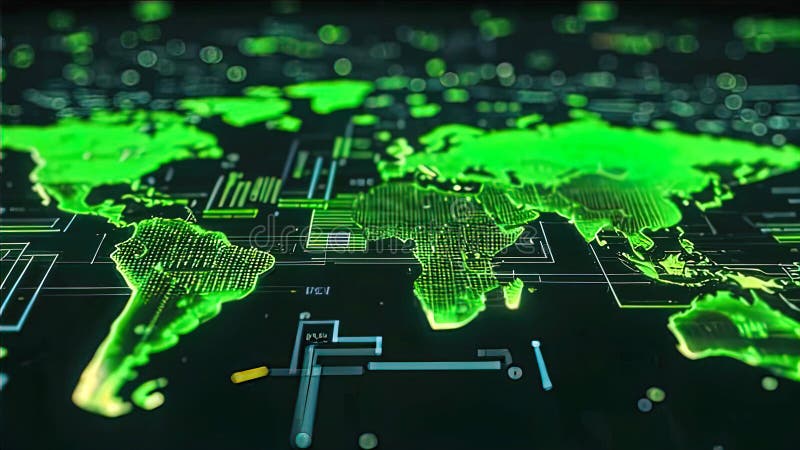 Abstract digital world map, global network and communication concept, data transfer and cyber technology royalty free illustration