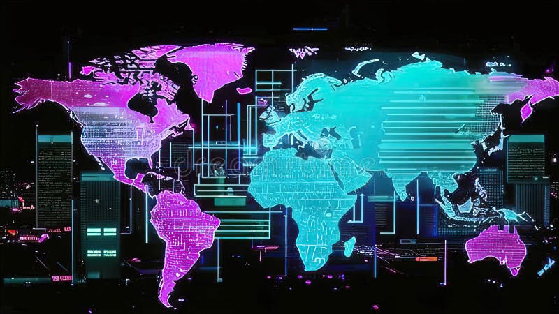 Abstract digital world map, global network and communication concept, data transfer and cyber technology royalty free illustration