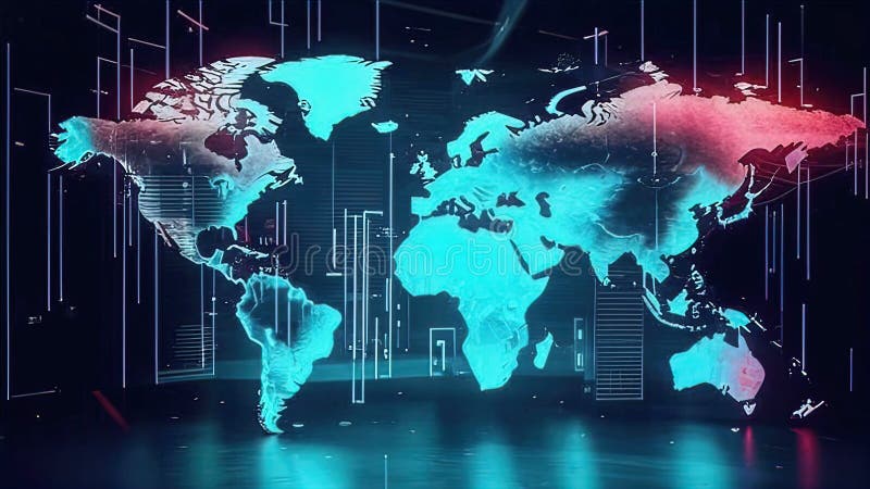 Abstract digital world map, global network and communication concept, data transfer and cyber technology vector illustration