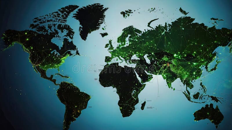 Abstract digital world map, global network and communication concept, data transfer and cyber technology vector illustration