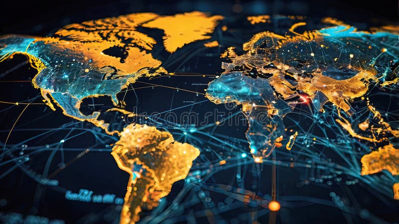 Abstract digital world map, global network and communication concept, data transfer and cyber technology royalty free illustration