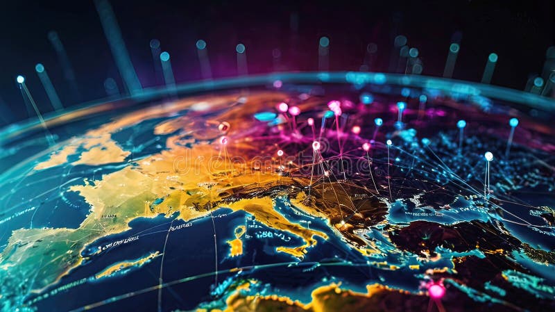 Abstract digital world map, global network and communication concept, data transfer and cyber technology royalty free illustration