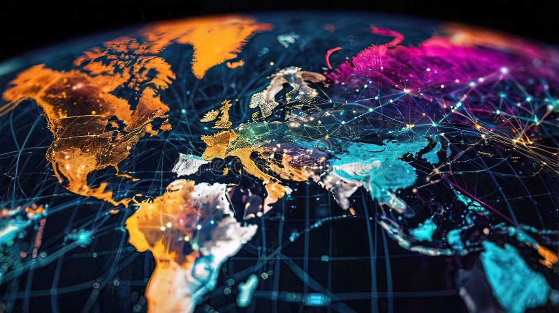 Abstract digital world map, global network and communication concept, data transfer and cyber technology royalty free illustration