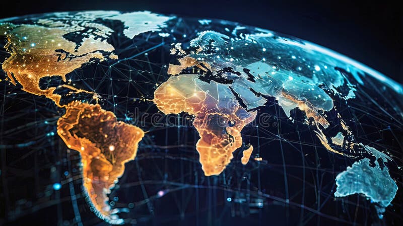 Abstract digital world map, global network and communication concept, data transfer and cyber technology royalty free illustration