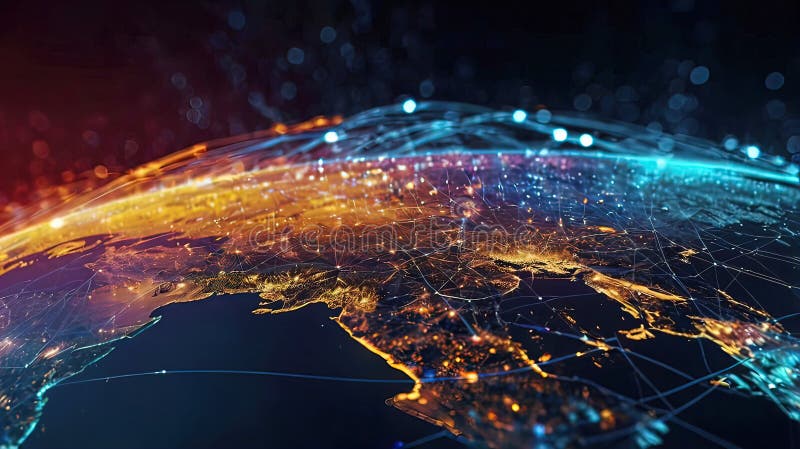 Abstract digital world map, global network and communication concept, data transfer and cyber technology royalty free illustration