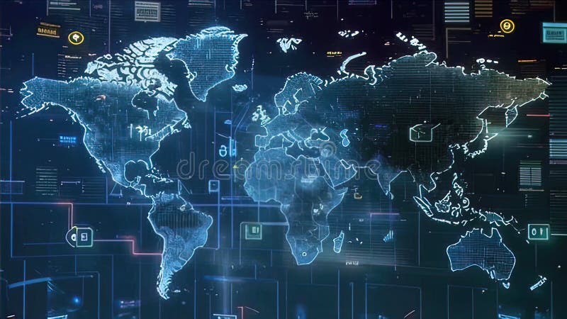 Abstract digital world map, global network and communication concept, data transfer and cyber technology stock illustration