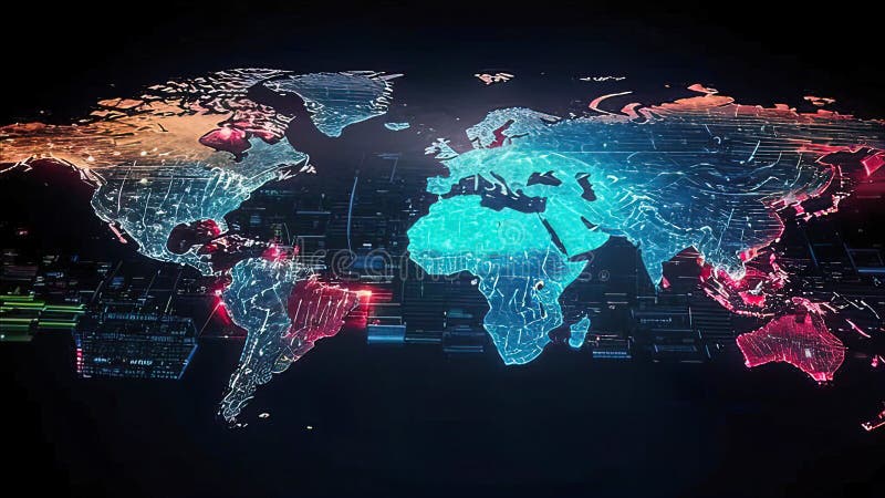 Abstract digital world map, global network and communication concept, data transfer and cyber technology royalty free illustration