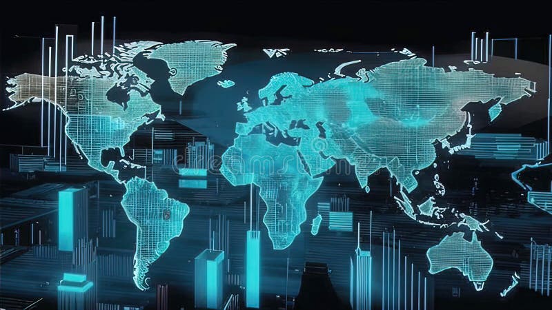 Abstract digital world map, global network and communication concept, data transfer and cyber technology stock illustration