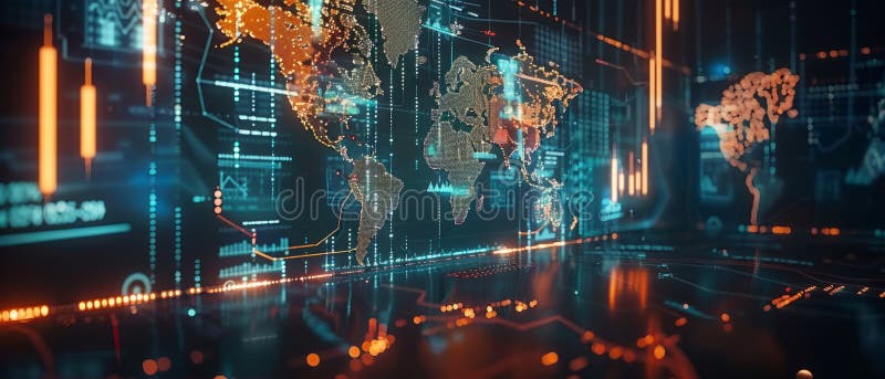 An abstract digital world map visualization, glowing on a futuristic interface with an intricate network and data points spread vector illustration