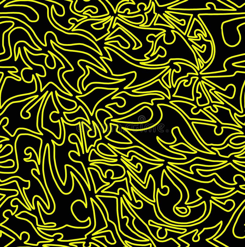Abstract Doodle Drawing with Yellow Lines on a Black Background. Stock