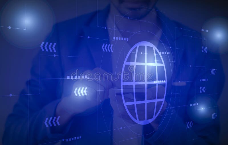 Abstract double exposure of business people using smartphone and technology network with illustration and blue background royalty free stock photos