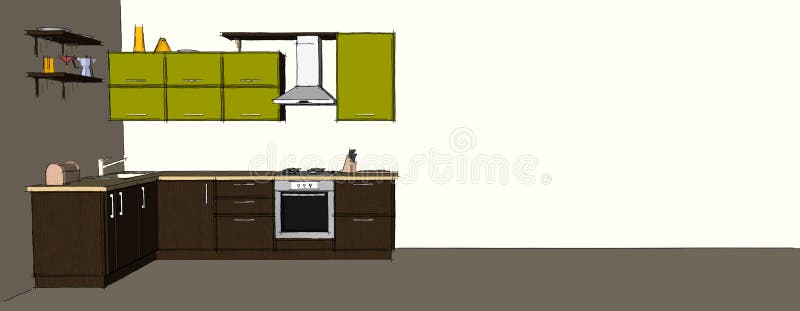 Sketch Contour Drawing Of 3d Modern Corner Kitchen Interior Black And White  Stock Illustra… | Interior design renderings, Interior design sketches,  Kitchen interior