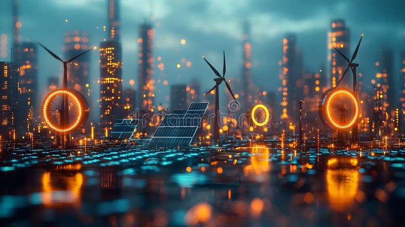 Abstract Dynamic Composition of Glowing Water and Cityscape stock illustration