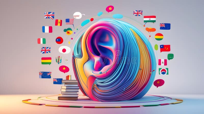 Abstract ear illustration with soundwaves, flags, and books representing global language learning stock illustration