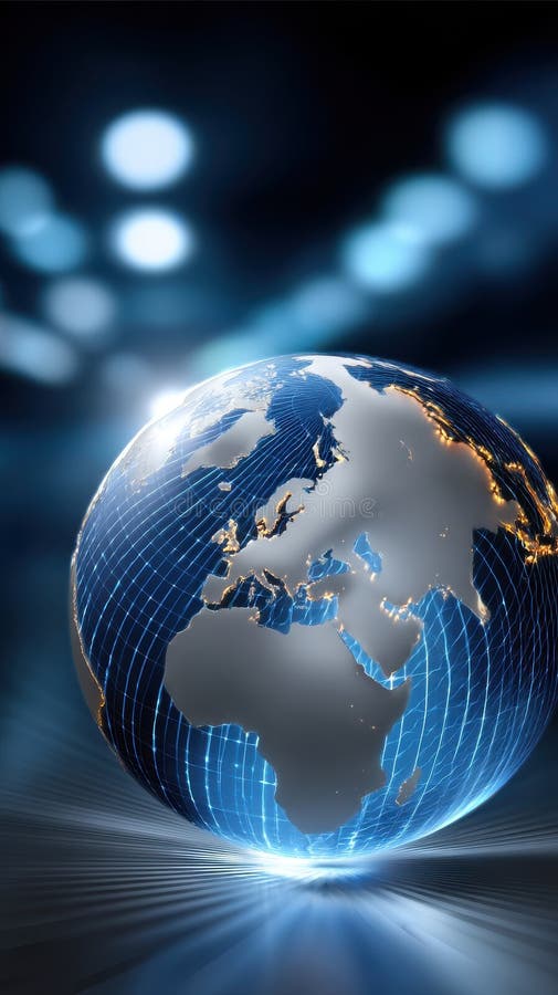 Abstract Earth Globe with Europe and Africa showing city lights against blurred blue background. Digital art stock photography