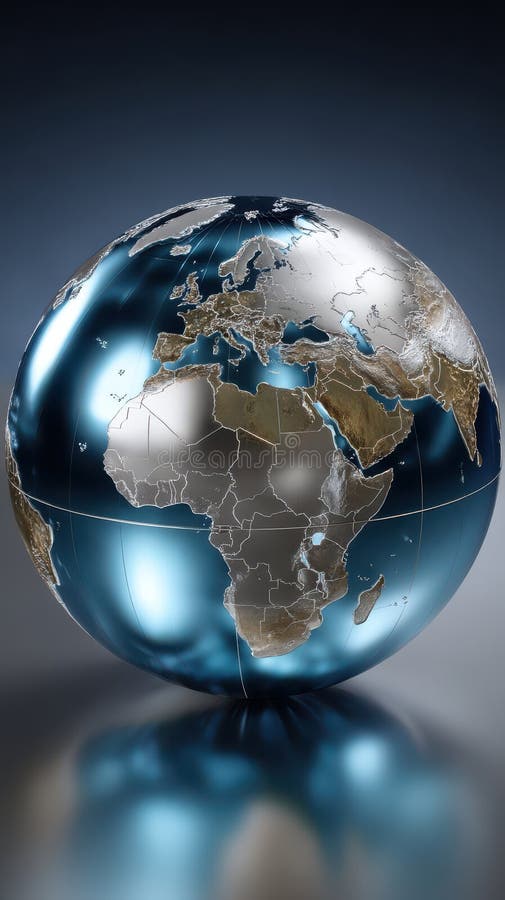 Abstract Earth Globe with Metallic Continents and Blue Ocean Reflecting on Surface royalty free stock images