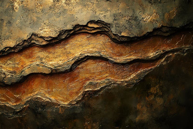 Abstract earth tones texture with layered patterns and metallic highlights stock image