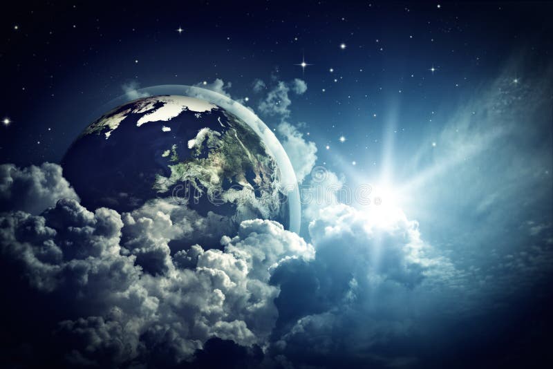 Abstract Earth view in the cloudy skies. stock images