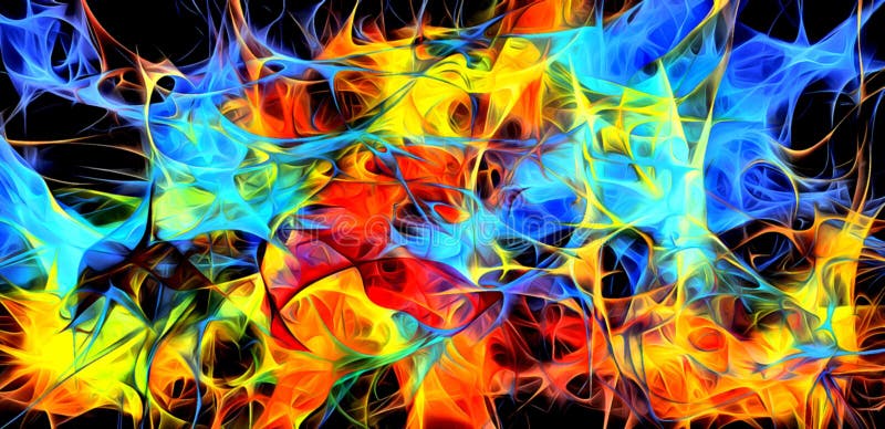 Abstract electrifying lines, smoky fractal pattern, digital illustration art work of rendering chaotic dark background stock illustration