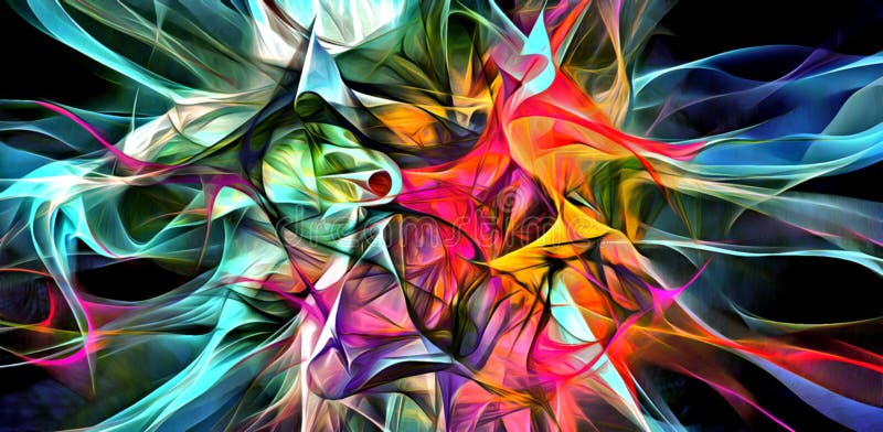 Abstract electrifying lines, smoky fractal pattern, digital illustration art work of rendering chaotic dark background royalty free illustration