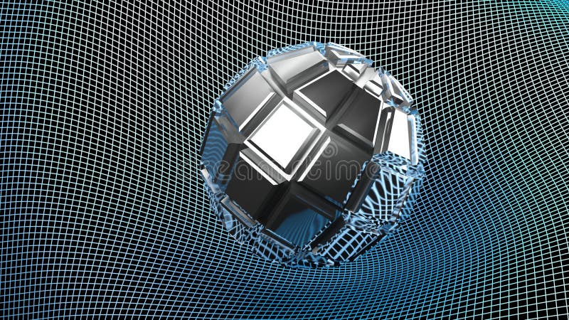 Abstract embossed metallic chrome object on a deformed grid surface - 3D rendering illustration vector illustration Abstract embossed metallic chrome object on a deformed grid surface - 3D rendering illustration vector illustration