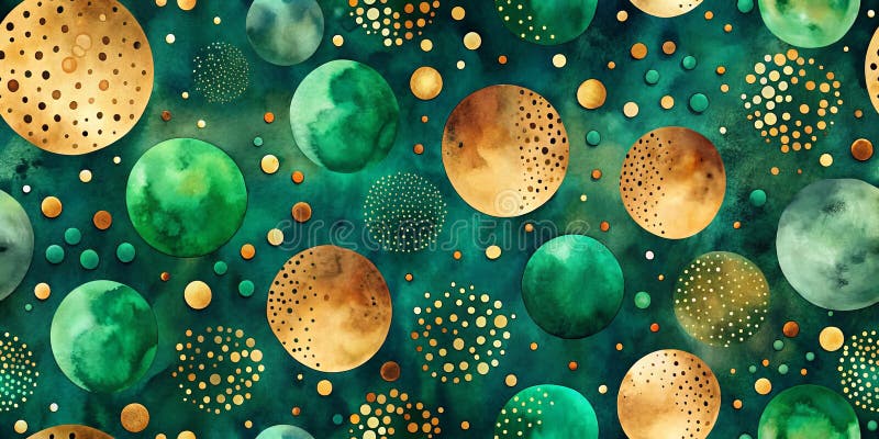 Abstract emerald and gold celestial pattern with scattered dots. Generative AI vector illustration