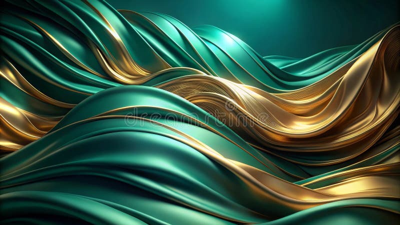 Abstract emerald and gold draped fabric waves background. Generative AI royalty free illustration