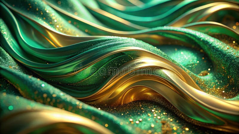 Abstract emerald and gold fluid swirls with glittering texture. Generative AI stock illustration