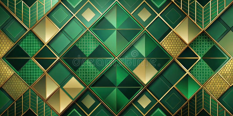 Abstract emerald and gold geometric pattern design with luxurious textured squares and triangles. Generative AI stock illustration