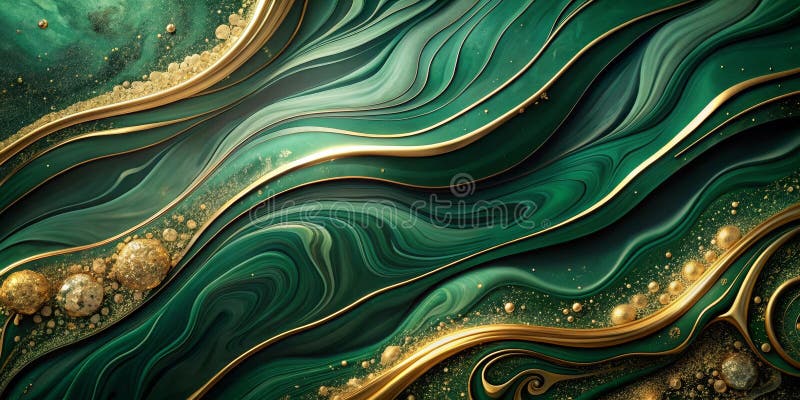 Abstract emerald and gold swirling liquid marble design. Generative AI stock illustration
