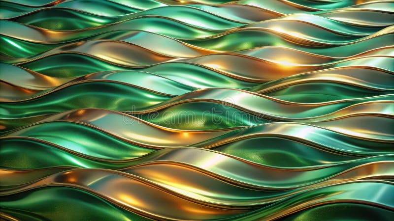Abstract emerald and gold wave pattern design with smooth, shiny surface texture. Generative AI. A highly expressive and emotionally resonant digital artwork.