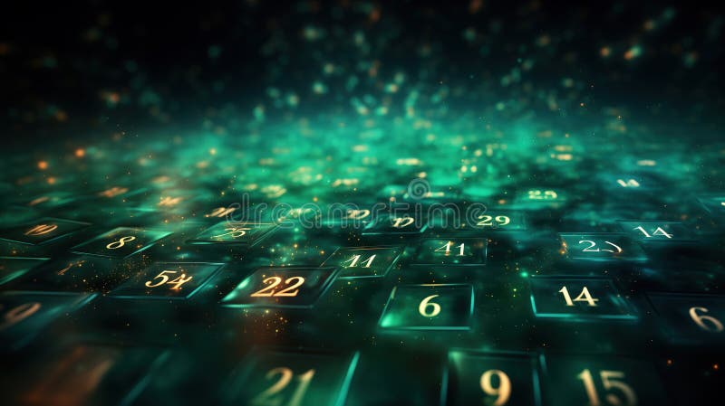 Abstract emerald green background with glowing golden numbers, lights and sparkles. Random digits abstract, gambling, mathematics vector illustration