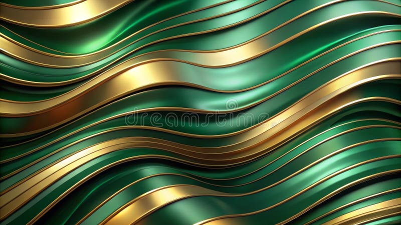 Abstract emerald green and gold swirling wave pattern background. Generative AI stock illustration