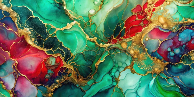 Abstract emerald, ruby, and gold swirl ink art. Generative AI stock illustration