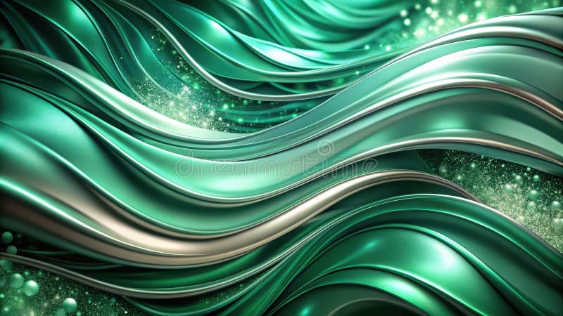 Abstract emerald and silver waves with sparkling dust. Generative AI stock illustration