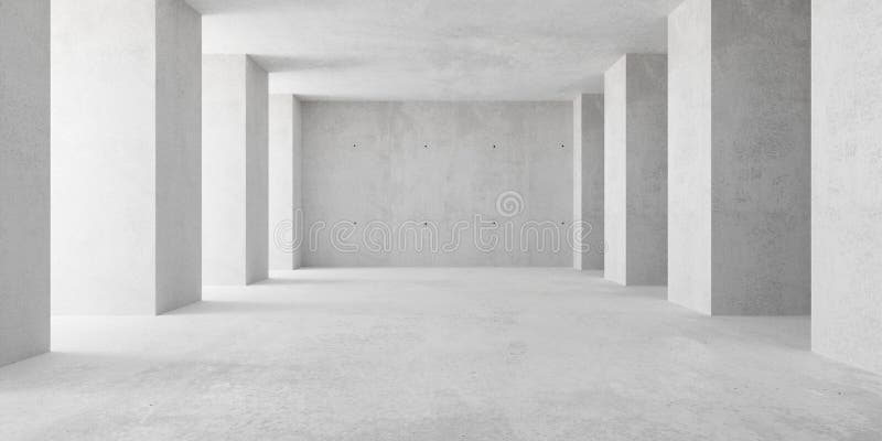 Abstract empty, modern concrete room with indirect lighting from left side pillars - industrial interior background template, 3D stock illustration