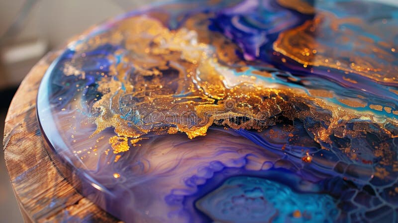 A close-up view of colorful abstract epoxy resin art on a wooden surface, highlighting intricate patterns and textures. AI generated. A close-up view of colorful abstract epoxy resin art on a wooden surface, highlighting intricate patterns and textures. AI generated