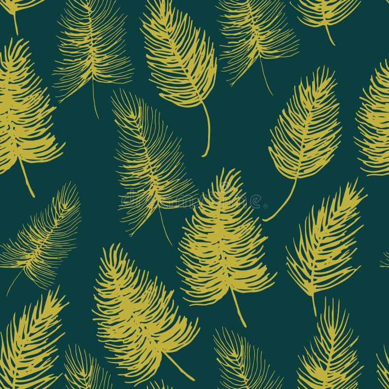 Abstract Exotic Plant Seamless Pattern on Green Background. Gold Leaf