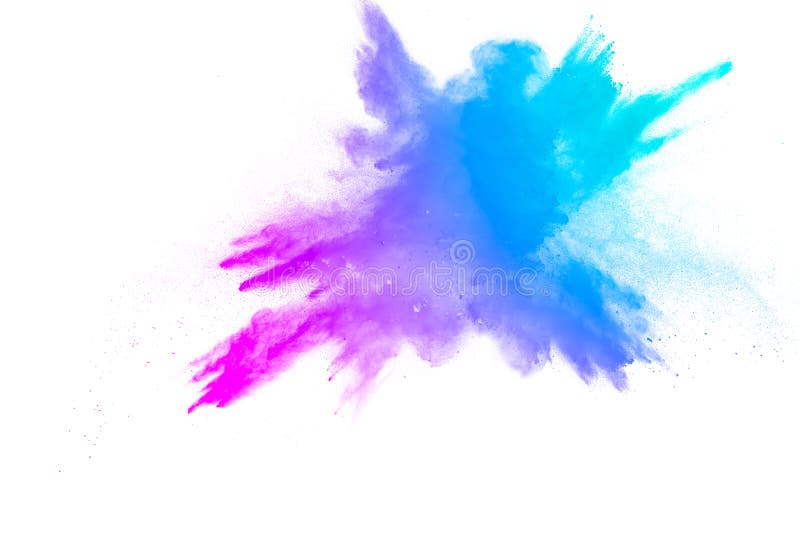 Abstract explosion of blue-pink dust on white background royalty free stock image