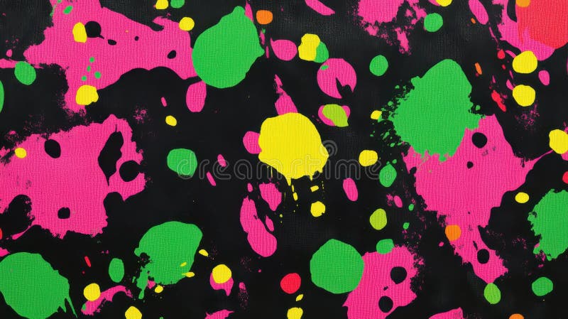 Abstract expressionist splatter art with colorful paint drops on black background