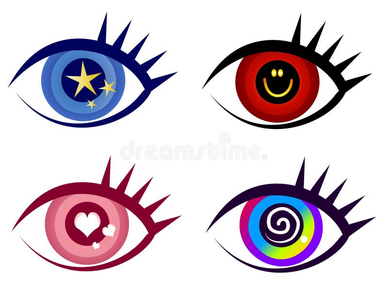 Abstract Eye Clip Art Icons. A clip art illustration of your choice of 4 different colorful eyeball designs - featuring stars, hearts, smiley face and a royalty free illustration