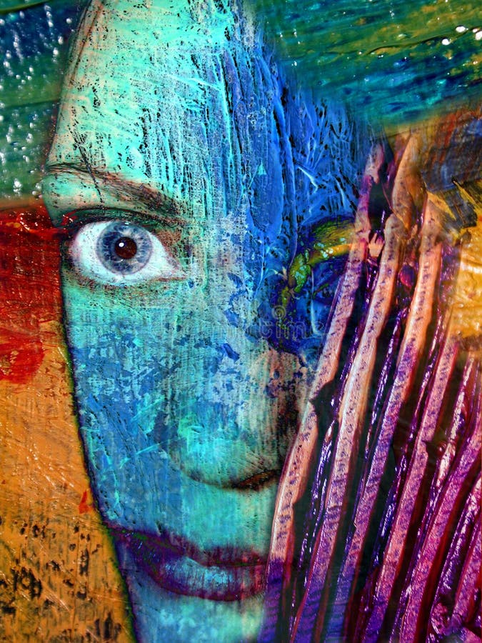 Abstract Face Artist Portrait. The mad artist, a representation of an artist's identity. A real face is blended within real oil paint on canvas showing the Abstract Face Artist Portrait. The mad artist, a representation of an artist's identity. A real face is blended within real oil paint on canvas showing the