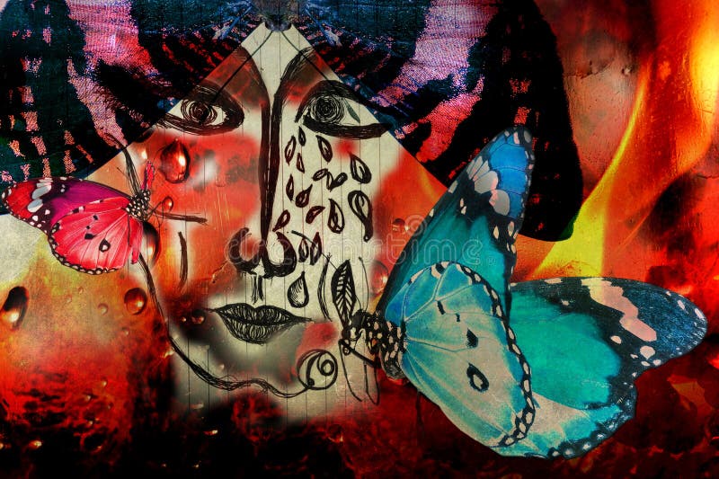 Abstract face of crying woman. Bizarre face drawт by pen on paper lined sheet. Fantasy photo collage with exotic butterflies.