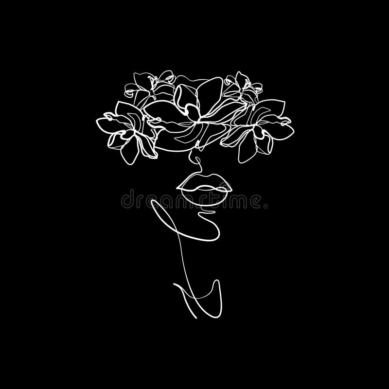 Abstract Face with Flowers by One Line Vector Drawing. Stock Vector ...