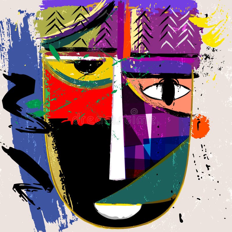 Abstract face or mask, with paint strokes and splashes, african inspired vector illustration